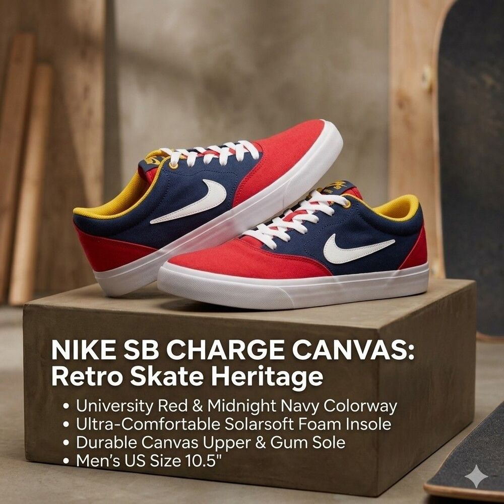 Nike SB Charge Canvas Red Navy Yellow Mens Size 10.5 Skate Shoes CD6279-600